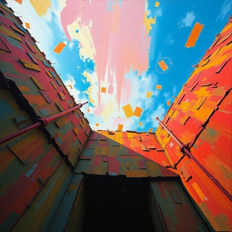 A bold acrylic painting thumbnail for AI content creation, realistic and cinematic in style. Low angle perspective, vibrant colors, textured brushstrokes, dramatic lighting, looking up