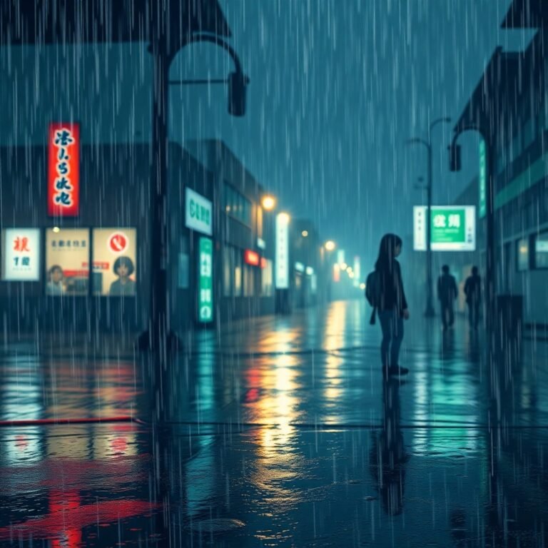 Isekai anime style, wet rainy scene, thumbnail image for AI content creation, realistic and cinematic style. Expressive composition, drizzling rain, reflective surfaces